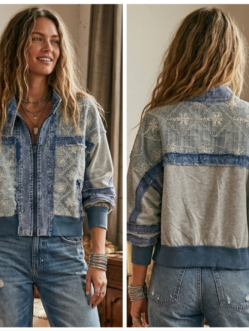 Boho Lace Embroidered Denim Bomber Jacket - Blue